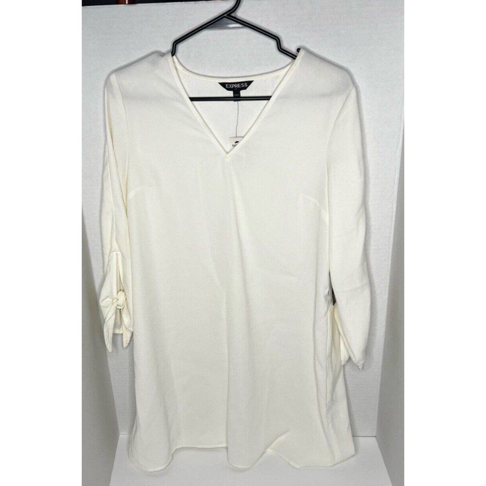 Express Shift Summer Dress Womens Size Small 3/4 Sleeve White V-Neck Polyester